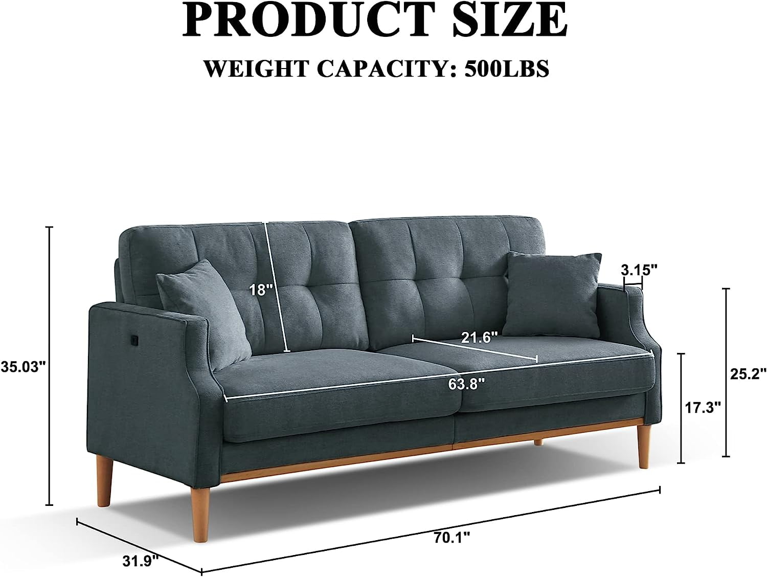 DEALTOPS Mid-Century Modern 3 Seat Sofa Couch, The Ultimate Comfort Experience Loveseat with Thick Cushions,Waterproof Fabric,and USB Port - Blue