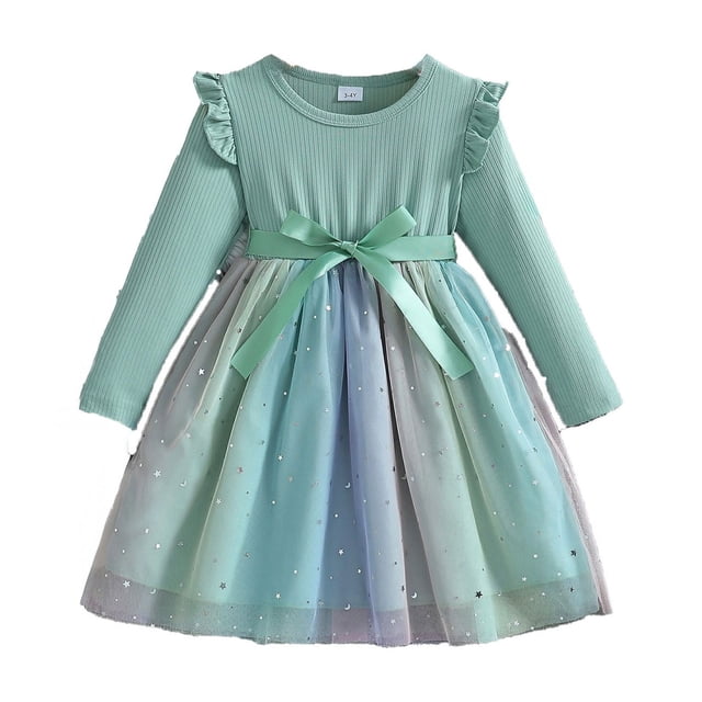 Xijirk Girls Long Sleeve Bow Dress Ruffle Crew Neck Mesh Princess Dress,Size 5-6 Years