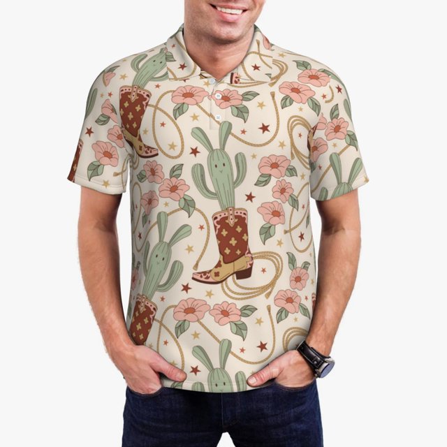 Bingfone Floral Cowboy Boots for Men's Button-down POLO Shirts, Quick-drying Shirts and T-shirts for Summer, Suitable for Vacation and Business-X-Large