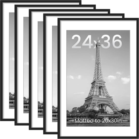JessieMal 24x36 Picture Frame Set of 5, Display Pictures 20x30 with Mat or 24x36 Without, Wall Gallery Photo Frames, Black