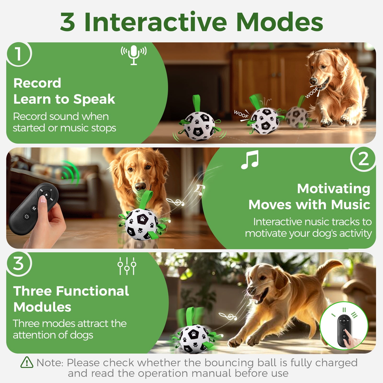 QDAN Smart Interactive Rechargeable Soccer Ball Dog Toy with Straps Remote Control & Music Mode for Small to Medium Dogs
