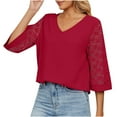 thumbnail image 2 of qolati Dressy Tops for Women Summer Casual V Neck Mesh Panel 3/4 Bell Sleeve Blouse Loose Fit Tunic Work Shirts, 2 of 6