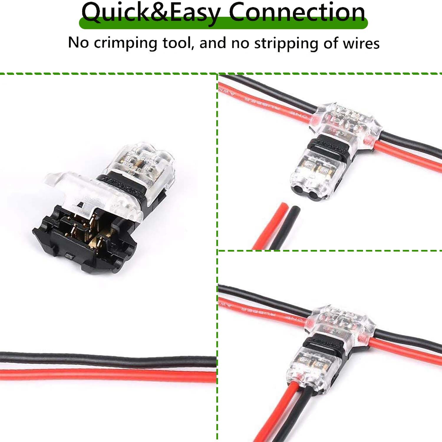 Quanmin 24 Pcs T Pin Wire Connectors, 2 Pin 3 Way Low Voltage Cable Splice, Universal for 20-24AWG Electrical Wiring Quick Connection