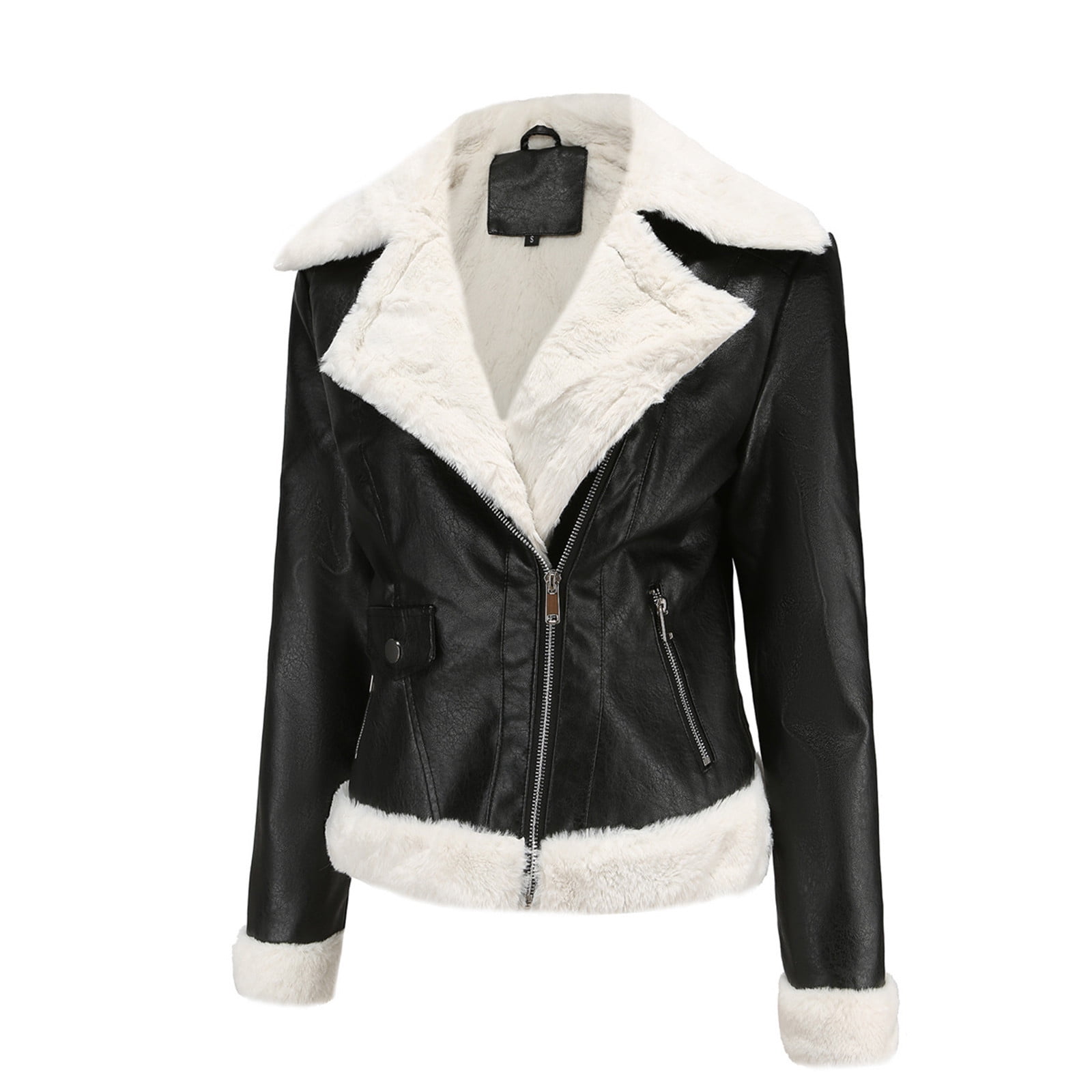 Wiyuqeen Women Faux Leather Sherpa Jacket Lapel Fleece Lining Crop Leather Coat Winter Warm Faux Fur Moto Jacket Y2k Shearling Bomber Jacket Streetwear