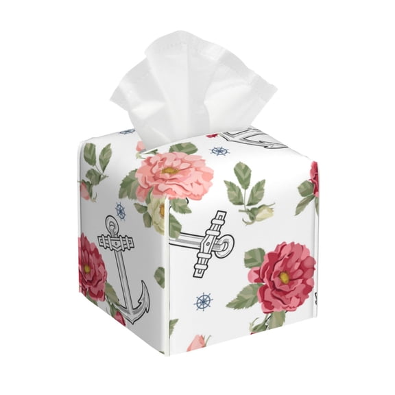 Leather Tissue Box Cover Square - Vintage roses anchor white Waterproof Tissue Box Holder Paper Case Organizer Dispenser for Modern Home Office Room Home Bathroom Decor