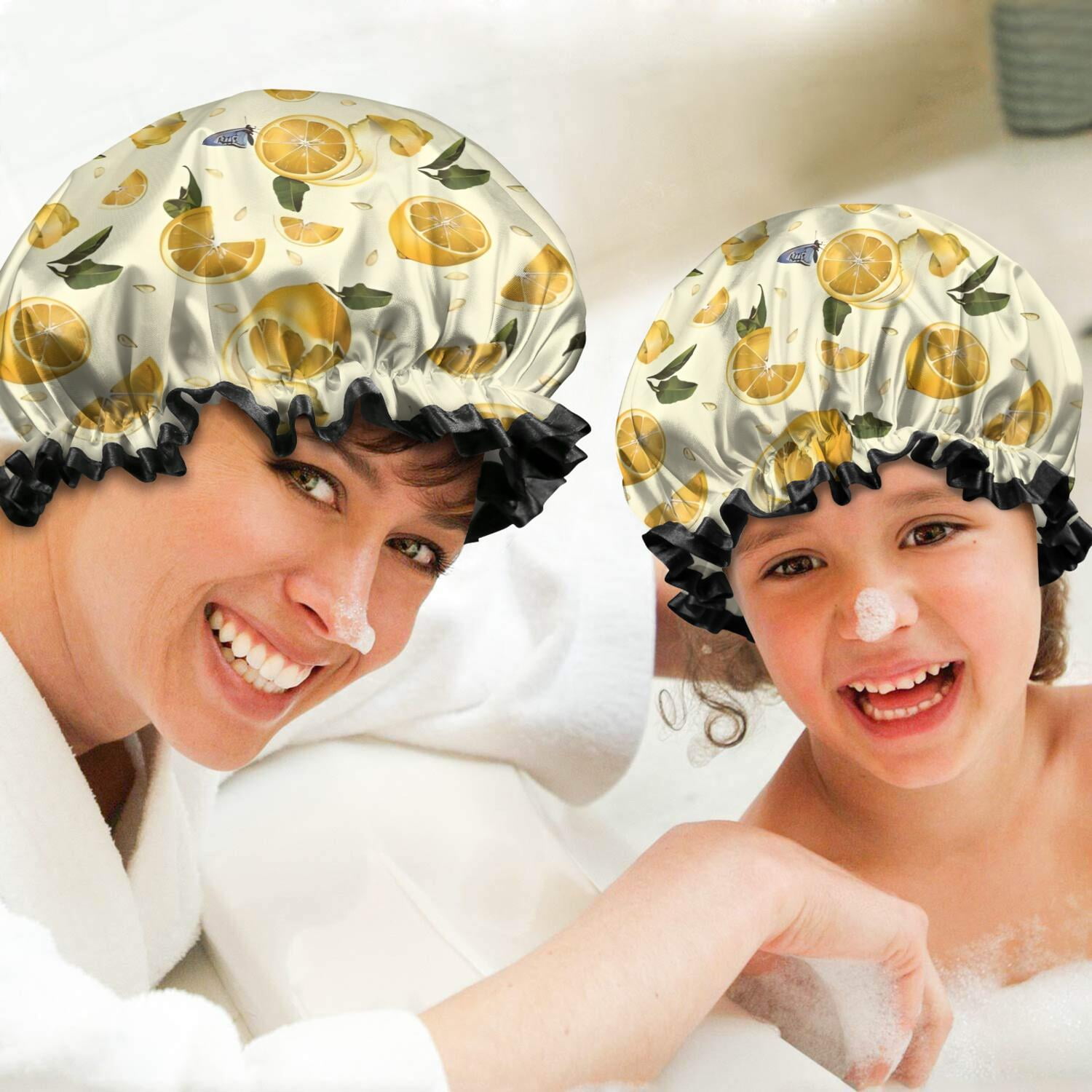 Shower Caps,Yellow Lemon Fruit Slices White Pattern Waterproof Shower Cap for Women 4 Pieces,Double Reusable Hair Cover for Shower PEVA Elastic Stretch Hem