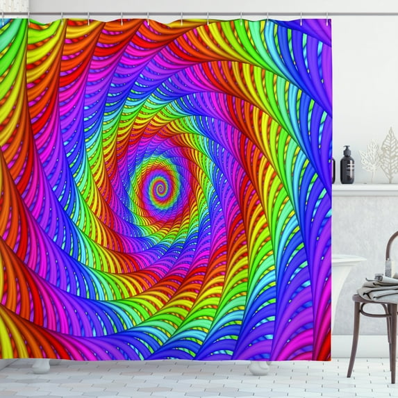 Rainbow Shower Curtain, Psychedelic Spiral Pattern Vibrant Geometric Arrangement in Contemporary Style, Fabric Bathroom Set with Hooks, 69W X 84L Inches Extra Long, Multicolor, by Ambesonne