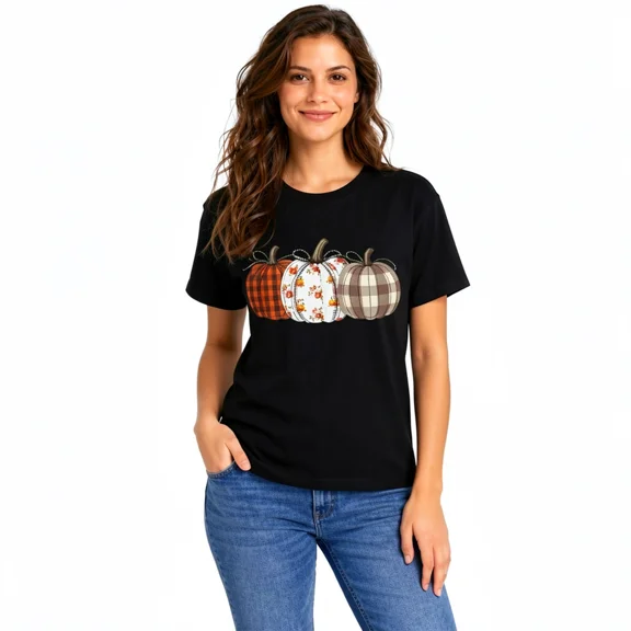 Women's Fall Pumpkin Graphic T-Shirt, Plaid Floral Cotton Crew Neck Thanksgiving Casual Tee