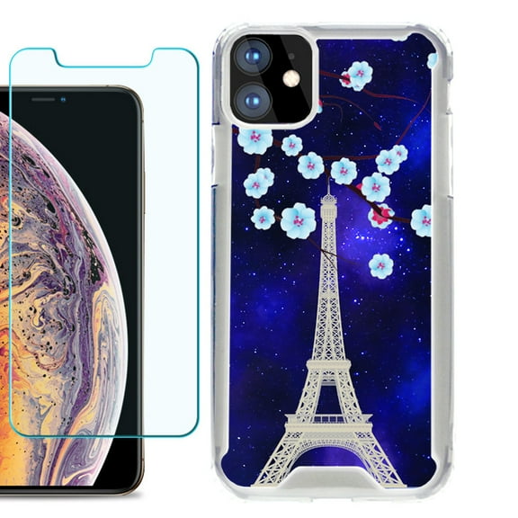 For Apple iPhone 11 Case, Hybrid Bumper Phone Case, with Tempered Glass Screen Protector, by OneToughShield ® - Eiffel Tower Stars