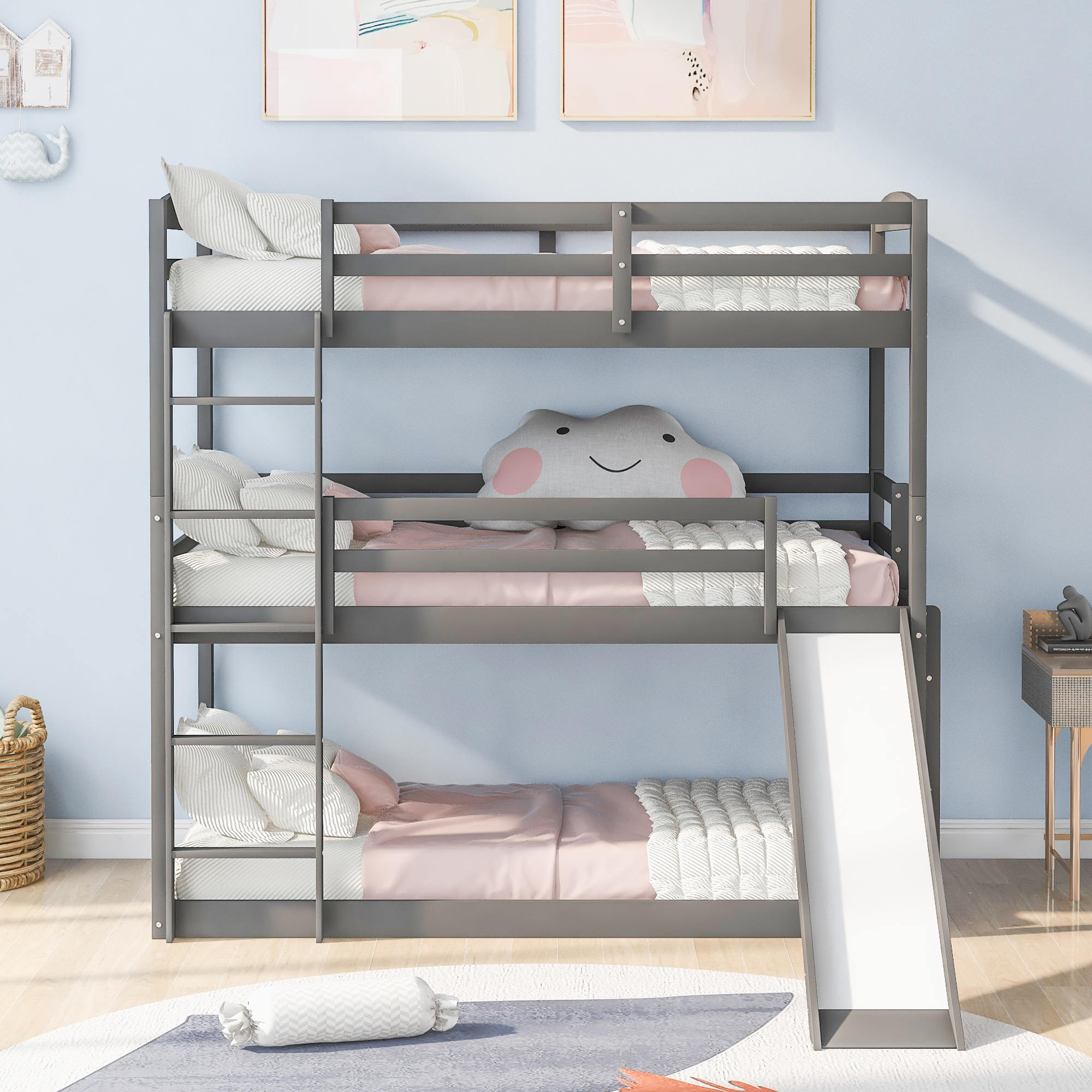 Triple Bunk Beds for Kids, Wooden TwinOverTwinOverTwin Adjustable