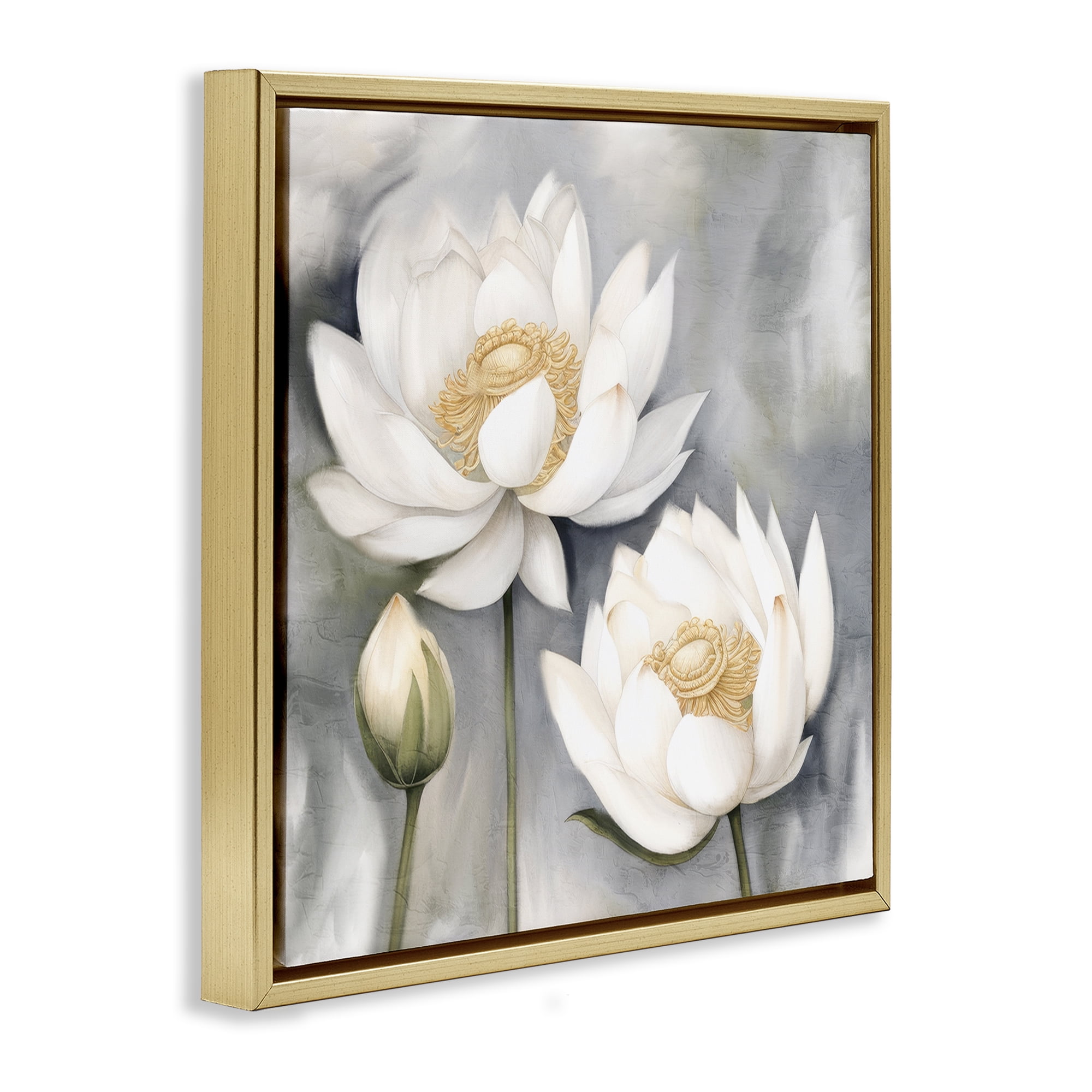 Stupell Industries White Lotuses on Grey Plants & Flowers Painting Gold Floater Framed Canvas Art Print Wall Art, 25 x 25