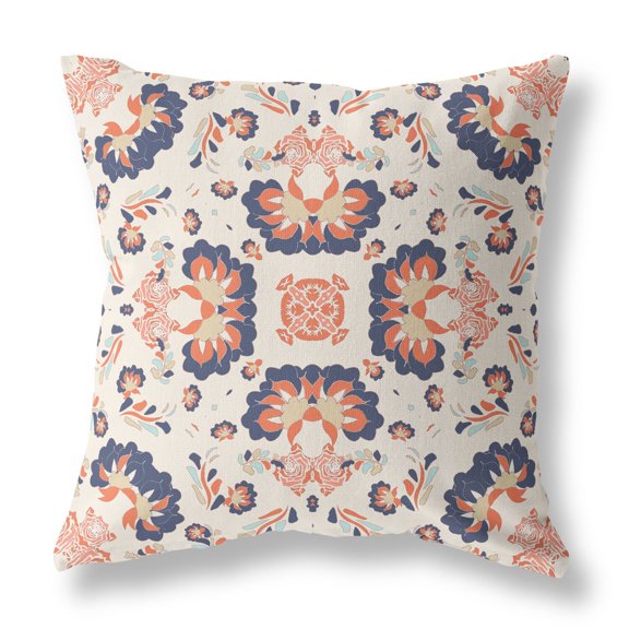 Divine Flowers Faux Suede Fabric Throw Pillow in Off White and Blue 16x16