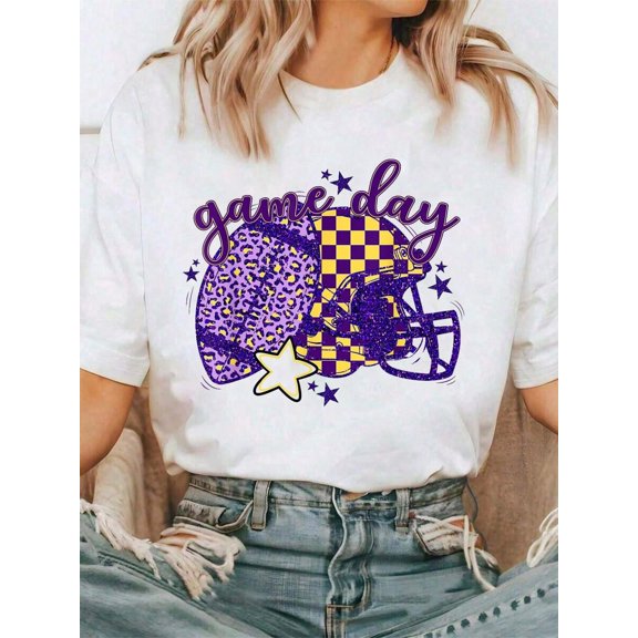 Women Cotton Tshirt Purple Leopard Game Day Football Touchdown Season Men Boys T-Shirt Comfort Tshirt Women