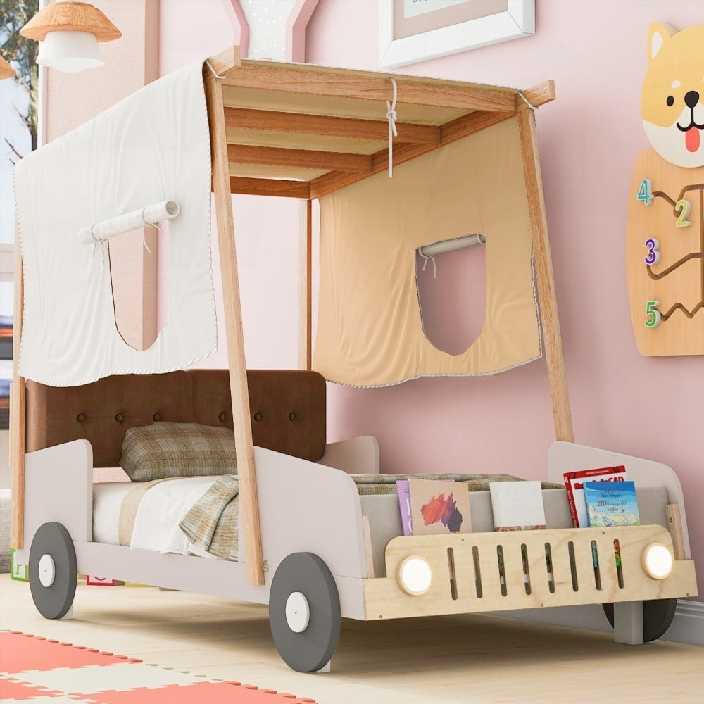 Titi Racer Modern Woody Twin Race Car Bed with LED Headlights in