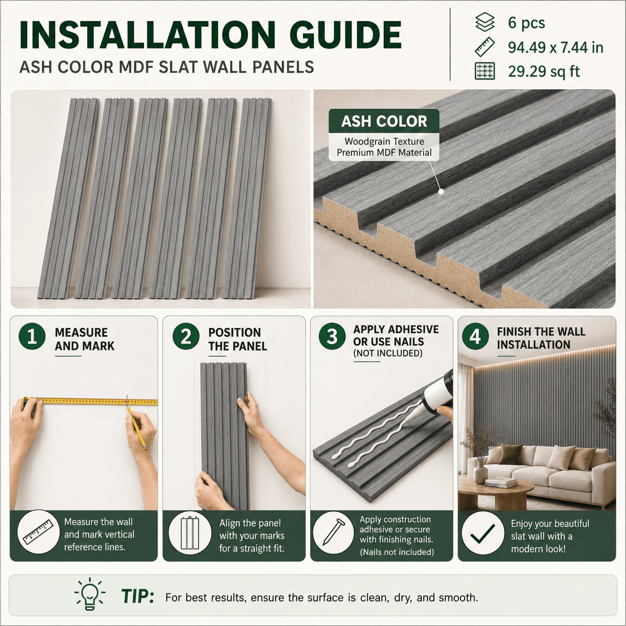Yeslife 6 pcs Slat Wall Panels, 94.49 x 7.44 in, Ash MDF, 3D Decorative Design for Interior Walls and Ceilings