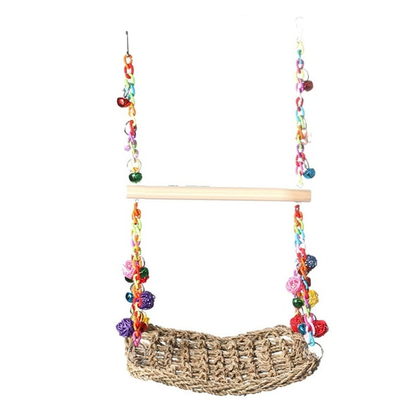 Bird Swing Toys with Bells,Bird Seagrass Woven Platform Hammock Swing with Wood Pe Wood   braided rope00X3472