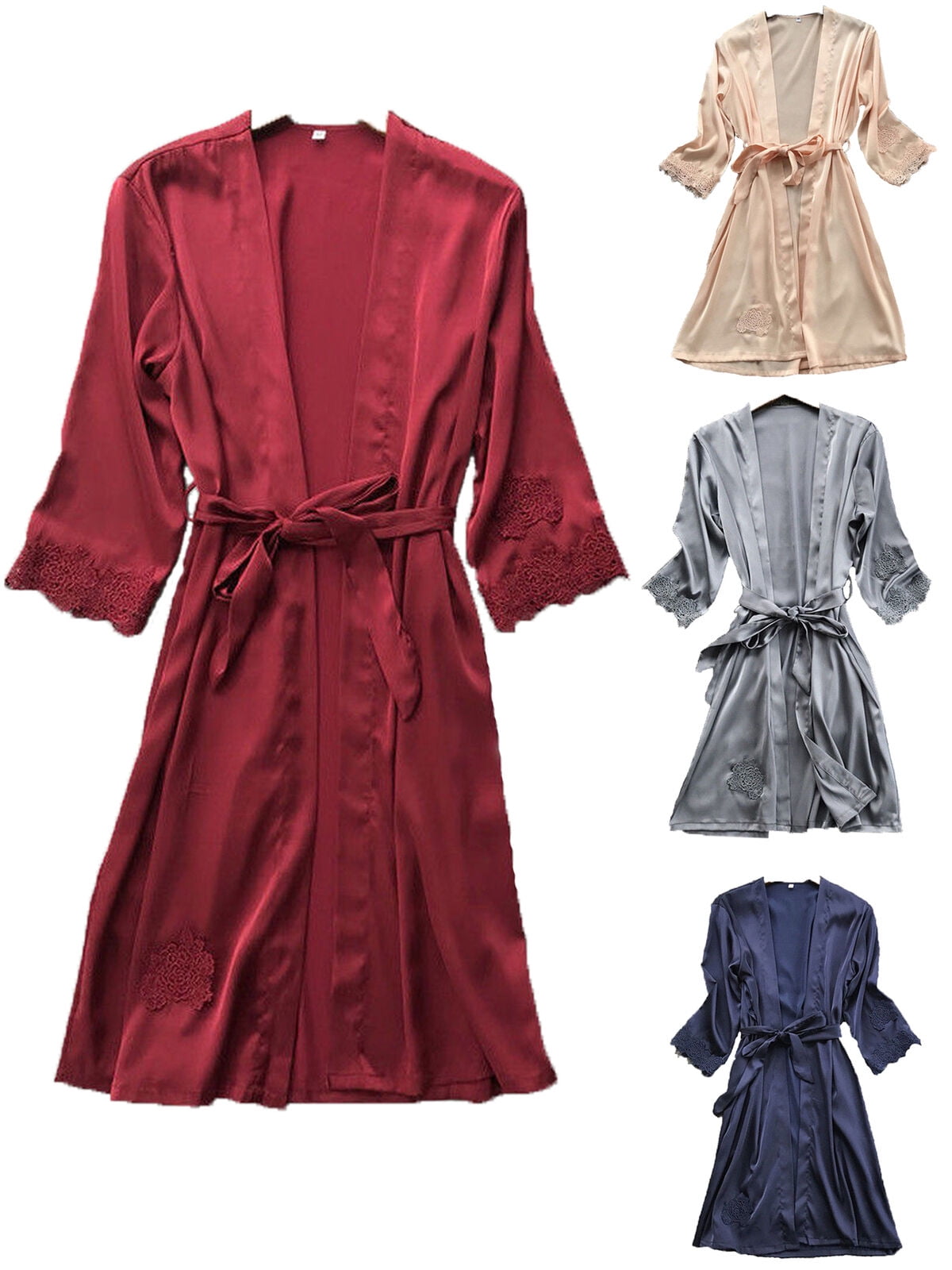 Women Sexy Silk Lace Robe Dress Gown Kimono Bridal Wedding Sleepwear Nightdress