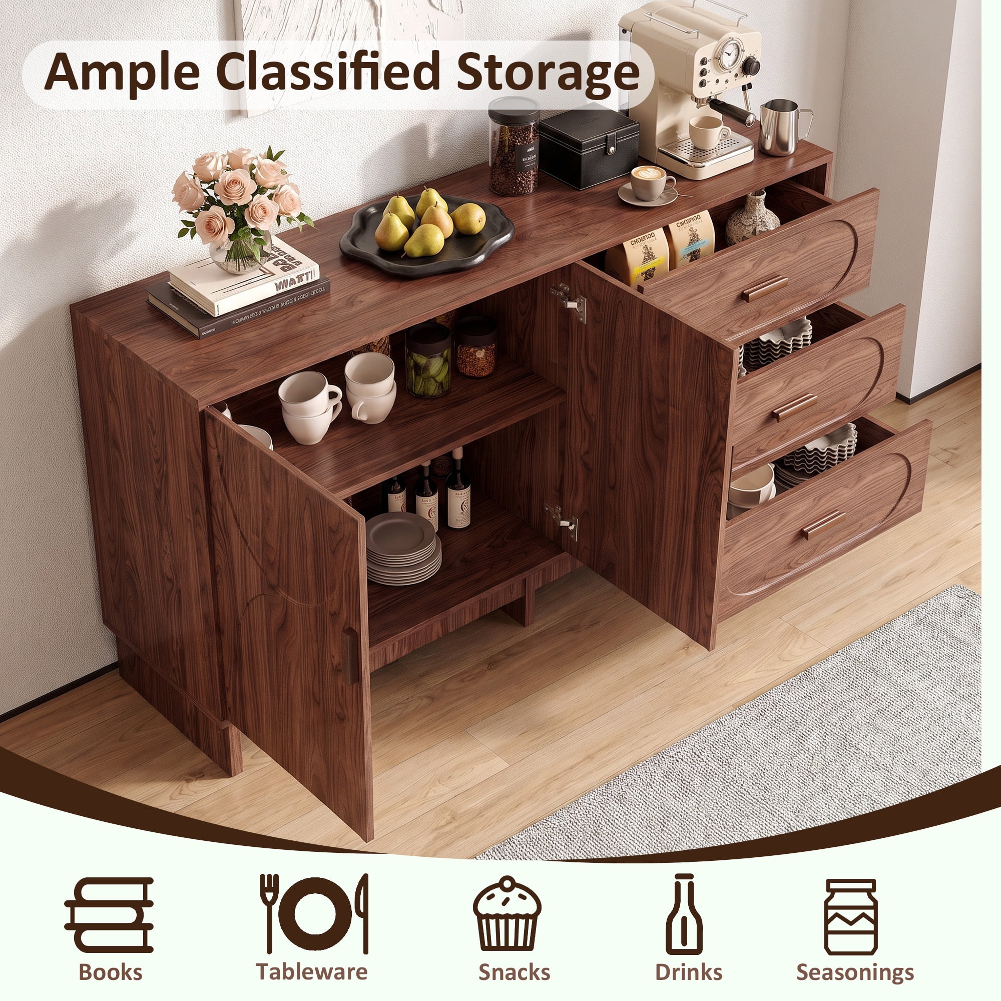 Leumius 59.1" Buffet Sideboard with 2 Doors and 3 Drawers, Walnut Finish with Oval Grain Texture, Farmhouse Storage Cabinet for Dining Room Living Room Hallway