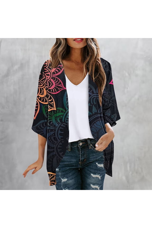 Womens Boho Kimono Cardigan - Multicolor Mandala Floral Print, Open-Front 3/4 Sleeves, 100% Polyester Loose Flowy, S-XXL Lightweight Beach Cover-Up,Size L