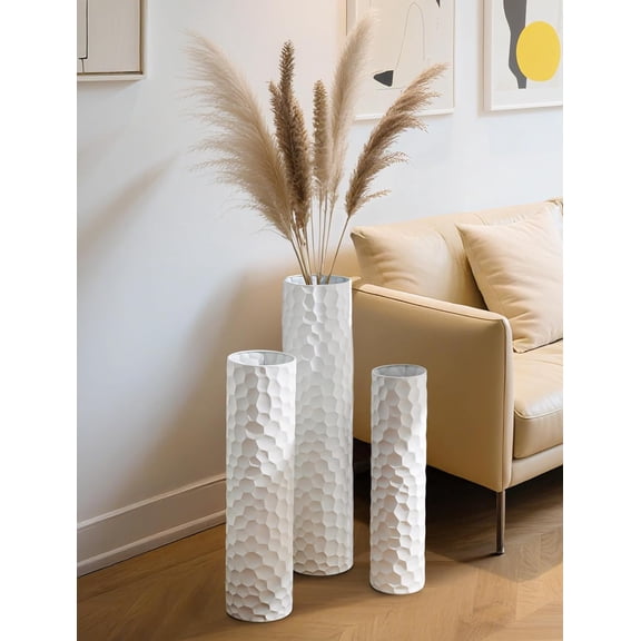Tall Floor Vases Set of 3, White Extra Large Metal Flower Vase with  Texture for Living Room Bedroom Office Decor