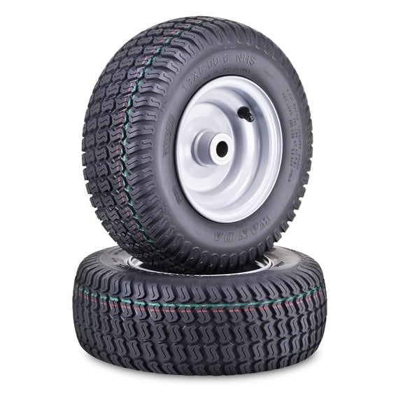 WANDA Lawn Mower Tractor Tire Wheel Assembly 13X5-6 4-Ply P332 with 3/4" Bushing 3" Center Hub Silver Wheel-13014,SET 2