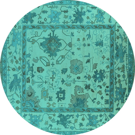 Ahgly Company Machine Washable Indoor Round Oriental Turquoise Blue Industrial Area Rugs, 3' Round