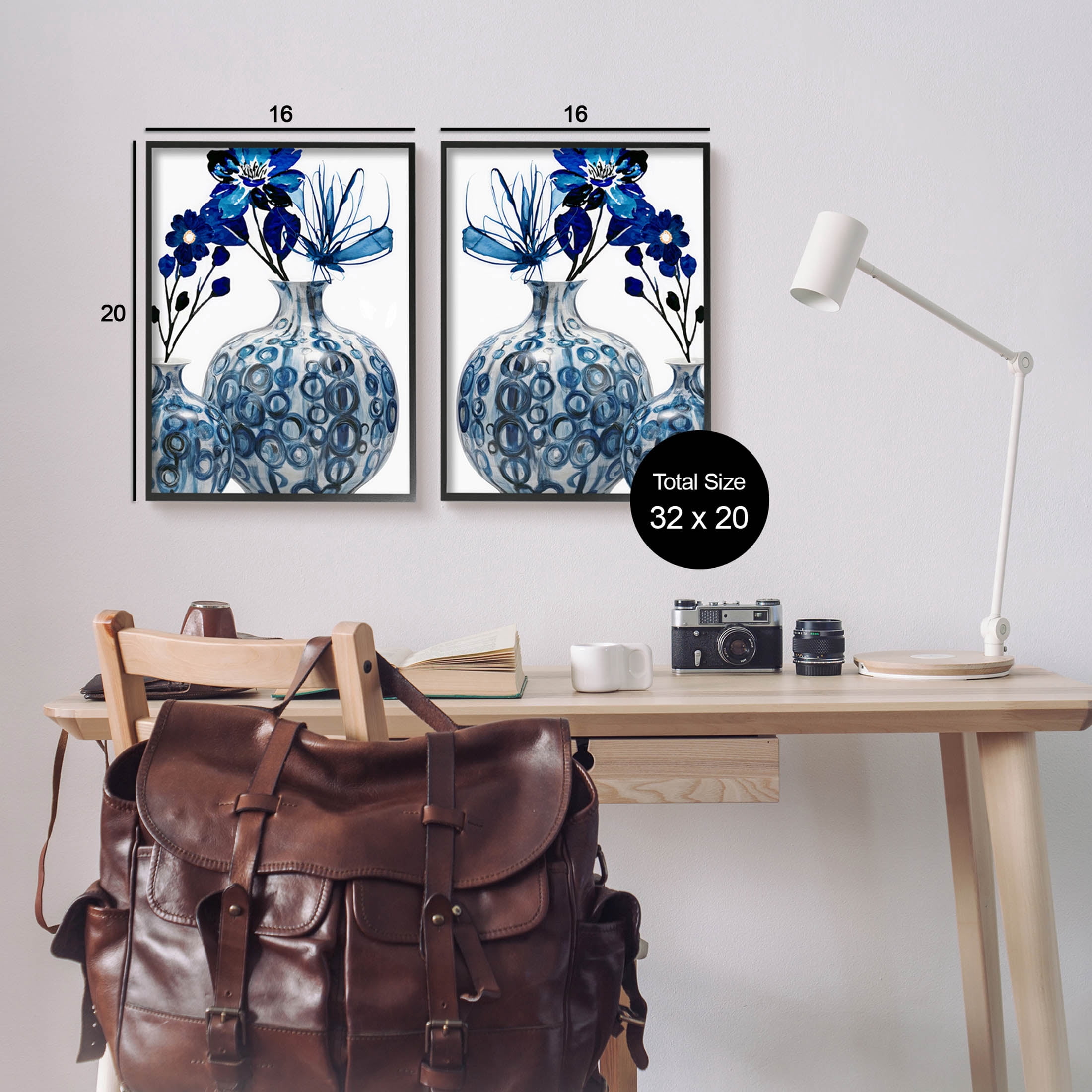 Bold Blue Ikebana Patterned Vase Botanical & Floral Graphic Art Black Framed Art Print Wall Art, Set of 2