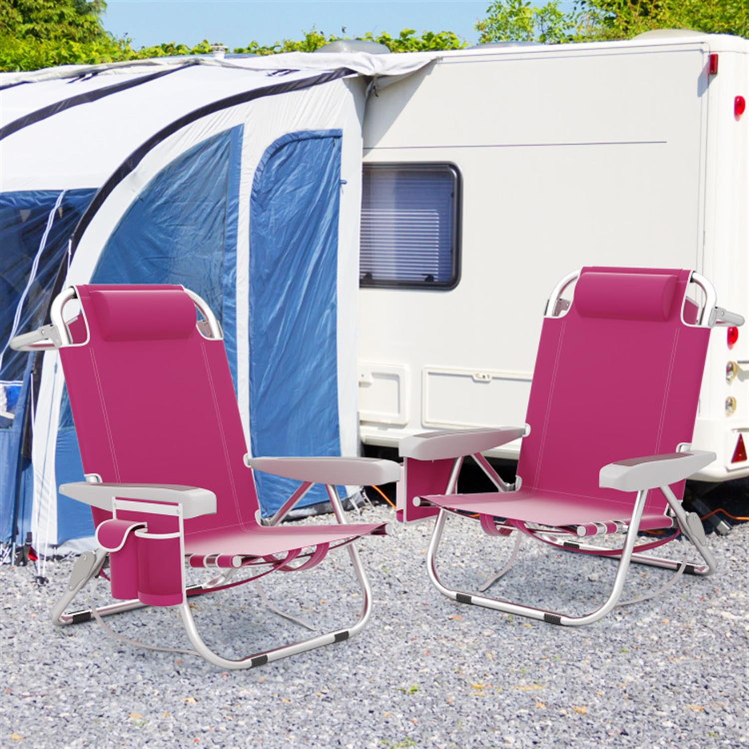 Demi Bonn Foldable Backpack Beach Chair with Cup Holder and Storage Pockets for Outdoor, Patio Accent Furniture Lounge Chairs for Yard, Garden, Pink