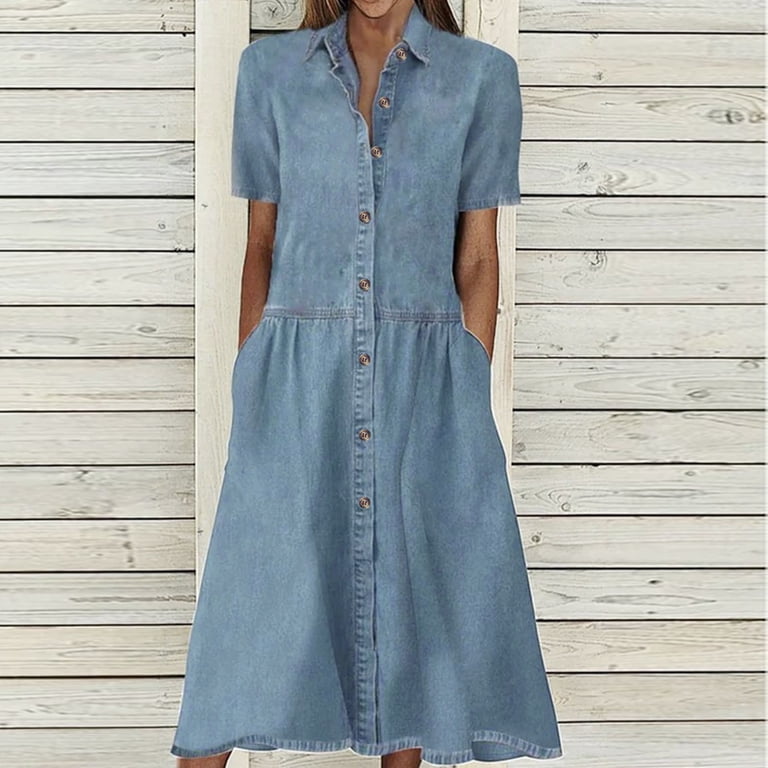 Junior Bridesmaid Dresses Women's Plus Size Denim Dress, Short Sleeve  Button up Jean Shirt Dresses, Loose Fitting Ruffle Flowy Long Maxi Dress  with Pockets Flowy Summer Dress Blue XXL - Walmart.com