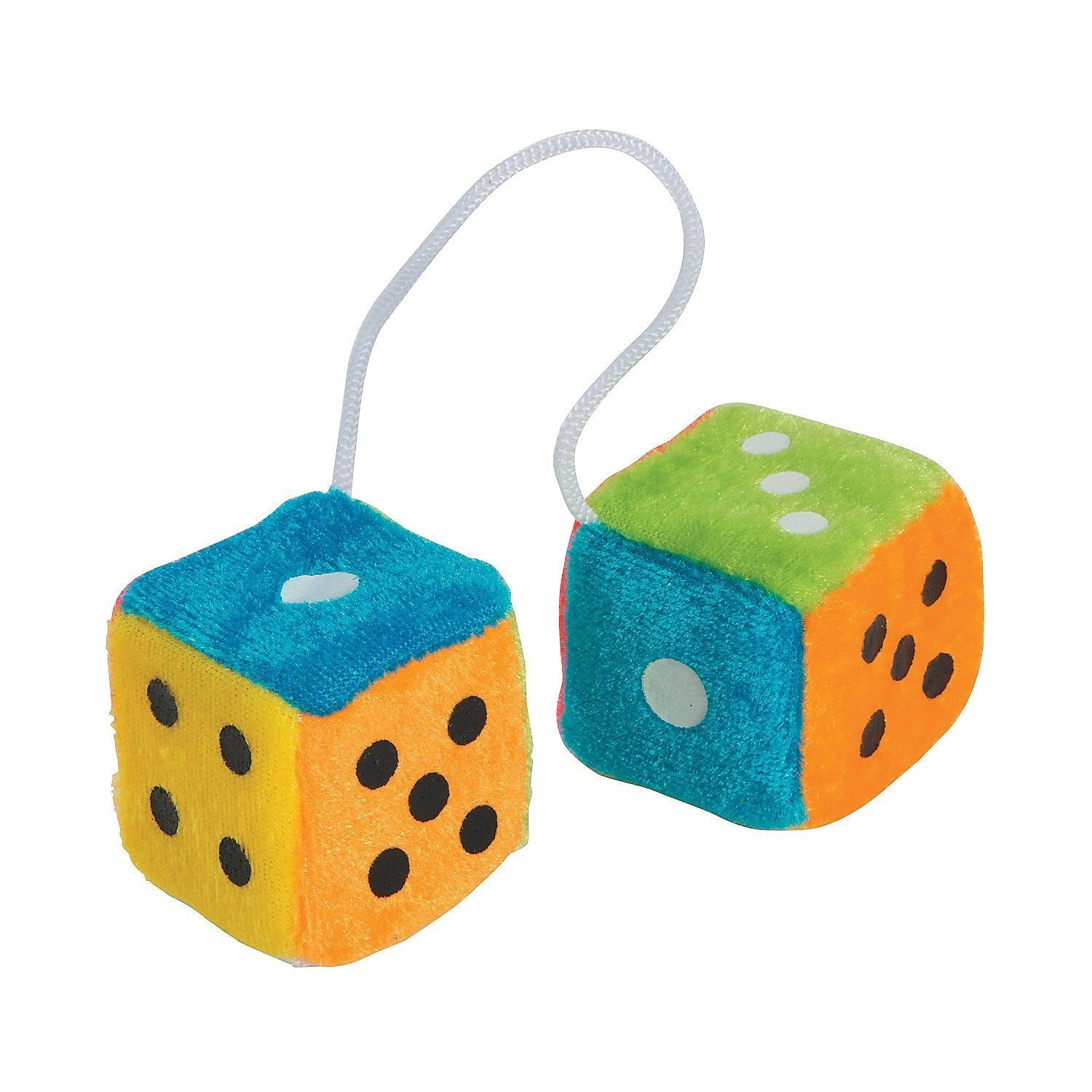 Mini Hanging Fuzzy Dice With Dots 1.75 Inches 3 Pairs Colorful Neon
