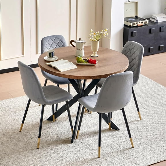 NORDICANA 37" Round Table Set for 4, Mid Century Modern Small Kitchen Table Set, Space Saving, Dinette for Home, Apartment, Dining Room ( Wooden Table 4 Grey Velvet Chairs)