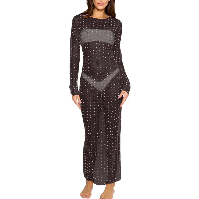 Herrnalise Plus Size Maxi Dresses for Women 2024 Womens Long Sleeve Sheer  Mesh Crop Dress Shiny Pearls Rhinestone Round-Neck Pullover Dress Slim  Cover Up Party Clubwear Black - Walmart.com