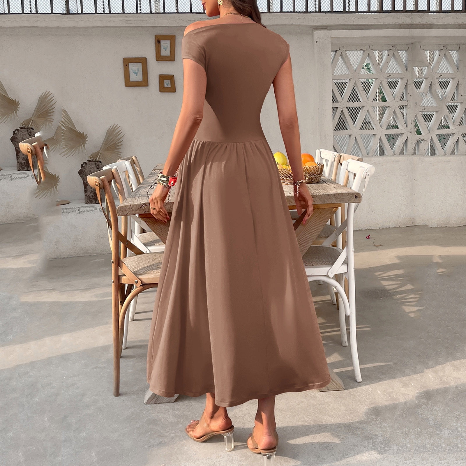 SMihono Stylish Women's Fashion Collared Summer Long Dresses Pleated Flowing Hem Loose Maxi Dress Elegant Beach Clothes Coffee XL