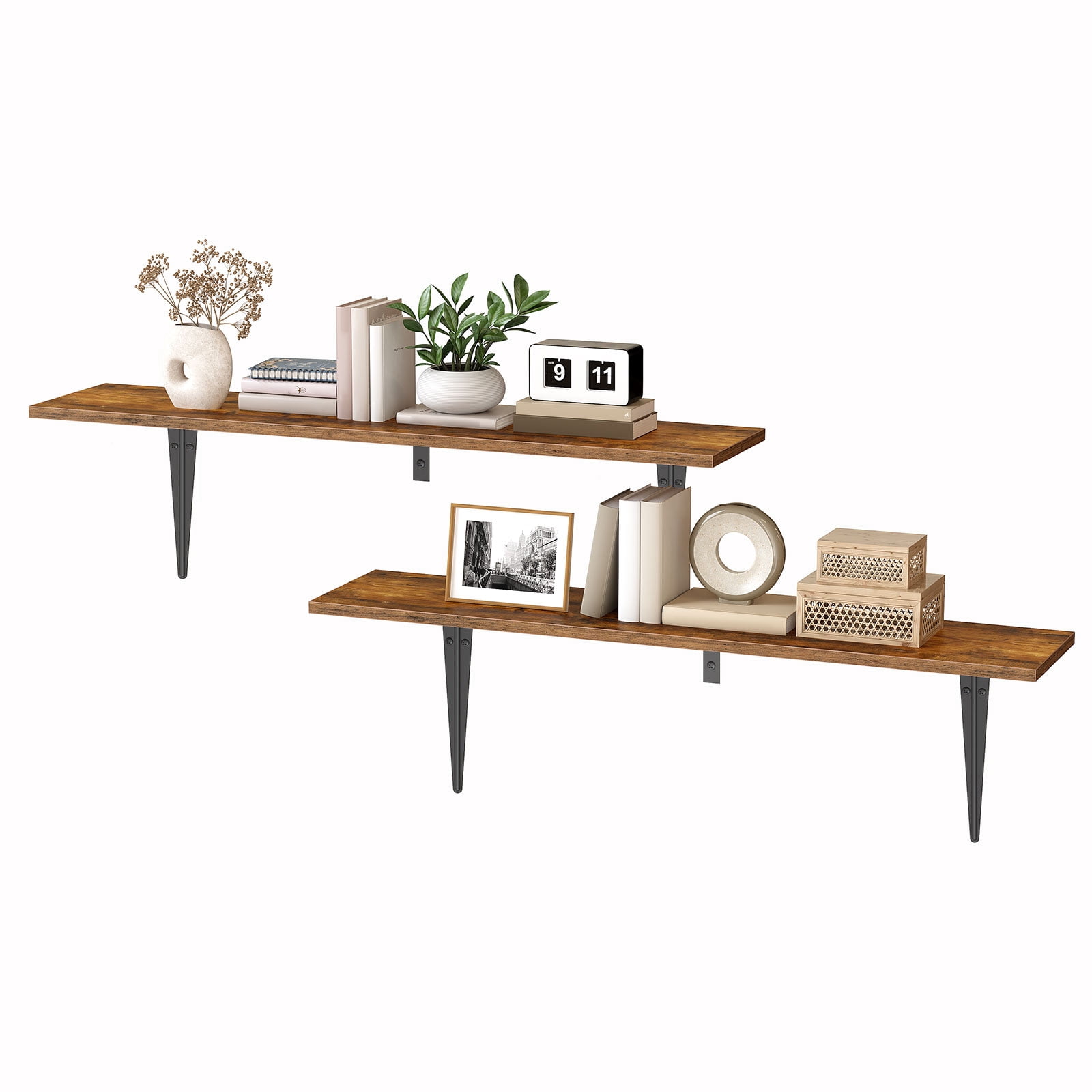 HOOBRO Set of 2 39.4-Inch Floating Wall Shelves with Metal Brackets, Rustic Brown