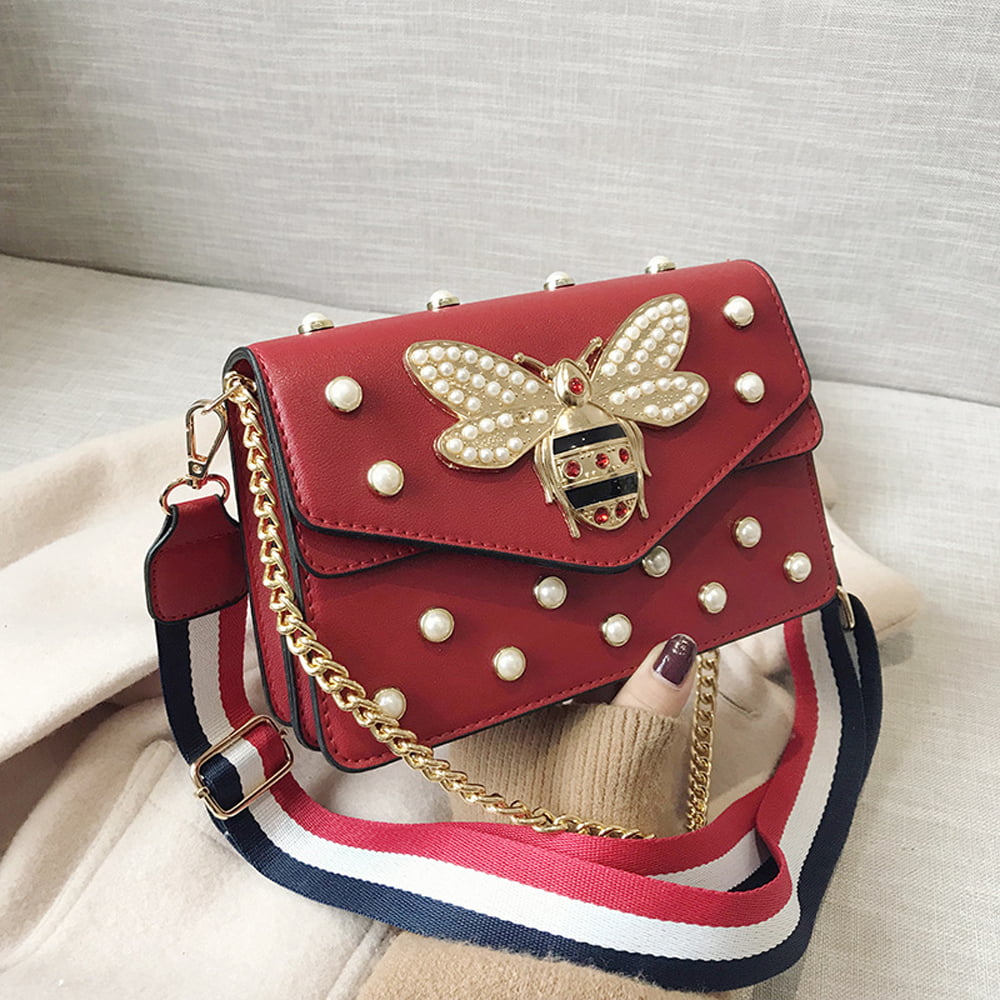 Gucci Broadway Leather Bee & Pearl Embellished Shoulder Bag 453778 Red 2017  | Gucci bee bag, Shoulder bag, Bags