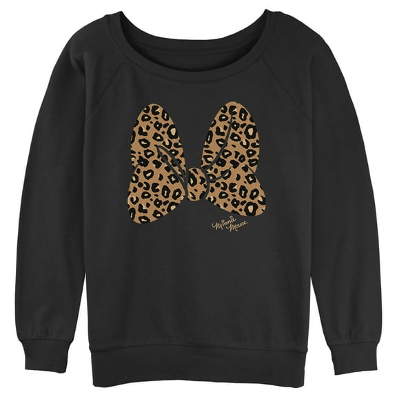 Junior's Mickey & Friends Cheetah Print Minnie Mouse Bow Sweatshirt Black Medium