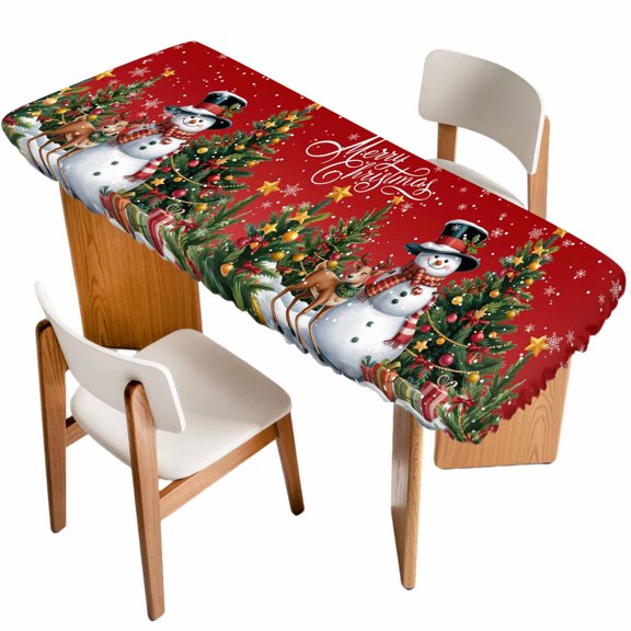 Red Christmas Table Cloths for 8 Foot Rectangle Tables, Snowman Xmas Tree Snowflake Gifts Elk Patio Waterproof Elastic Fitted Tablecloths, Washable Rectangular Table Cover for Camping