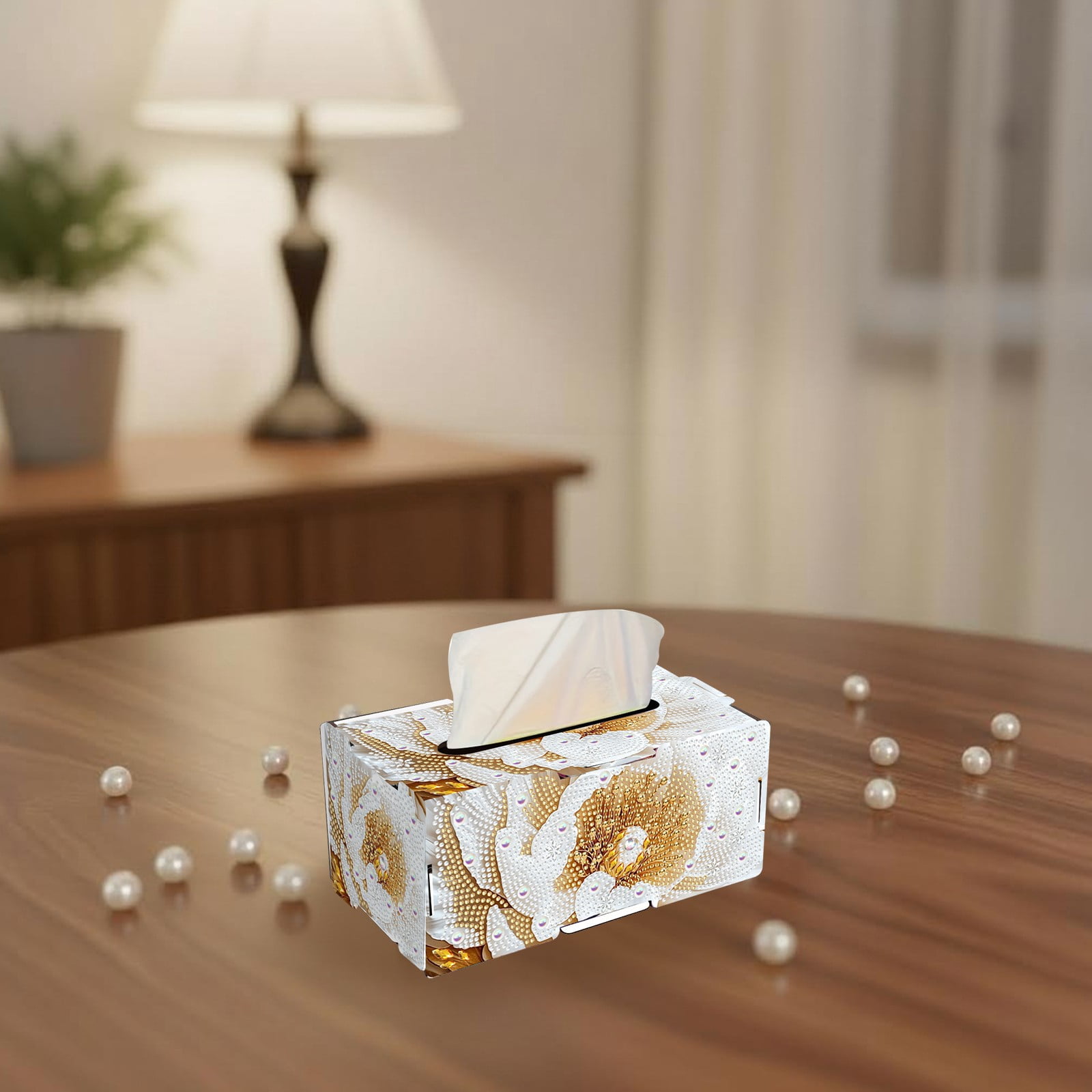 FLOPESN DIY Diamond Art Painting Flower Tissue Box – Wooden Storage Box with Crystal & Pearl Diamonds, Decor Craft Kit for Bedroom, Living Room (8.86 x 5.31 x 4.13 in)