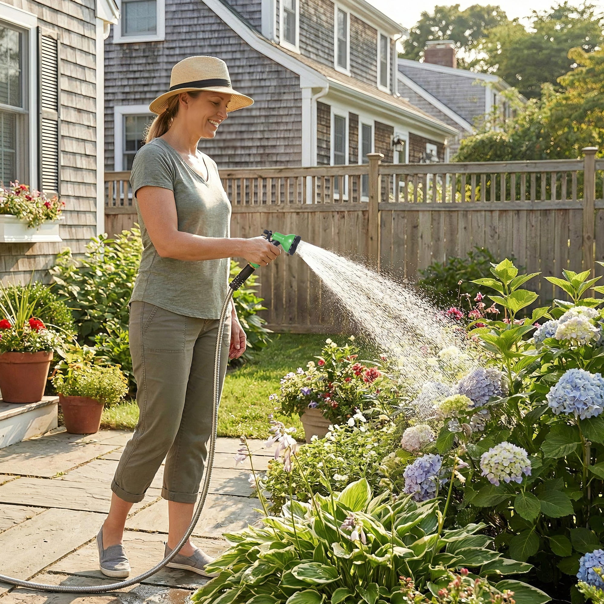75 ft Stainless Steel Garden Hose with 10-Function Sprayer Nozzle, Rust-Proof, Lightweight, Leak-Proof Connectors – Ideal for Yard, Car Wash, RV, Pet Bathing – American Standard