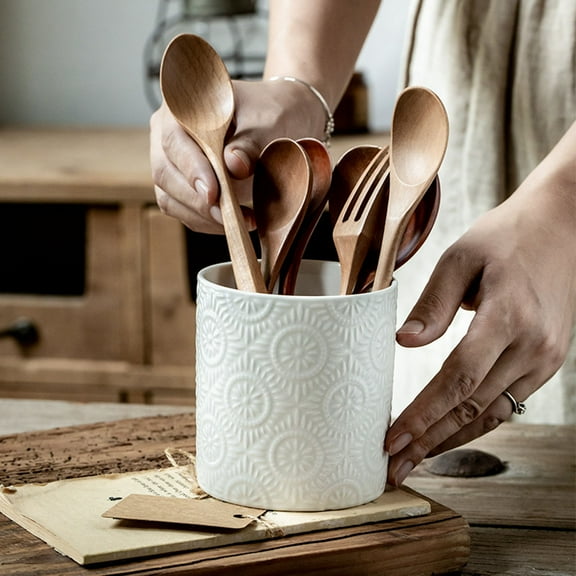 Ceramic Kitchen Storage Jar | Whimsical Embossed Design | Decorative Organizer for Utensils Spices & Small Items | 1 Piece
