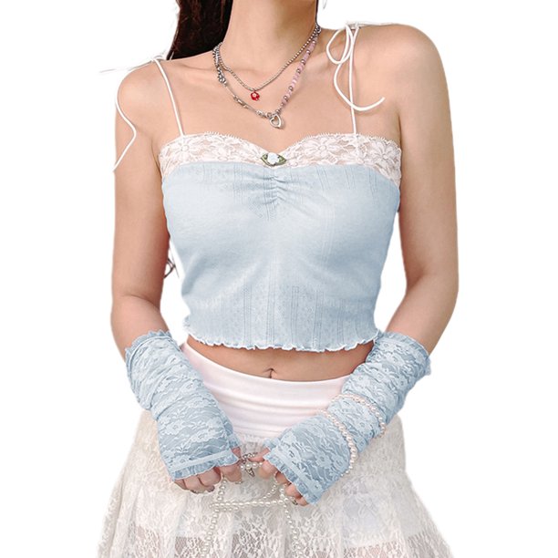 VISgogo Blusas de verano para mujer, con tirantes finos, decoración de dobladillo de encaje, camisa casual elástica sin mangas VISgogo moda