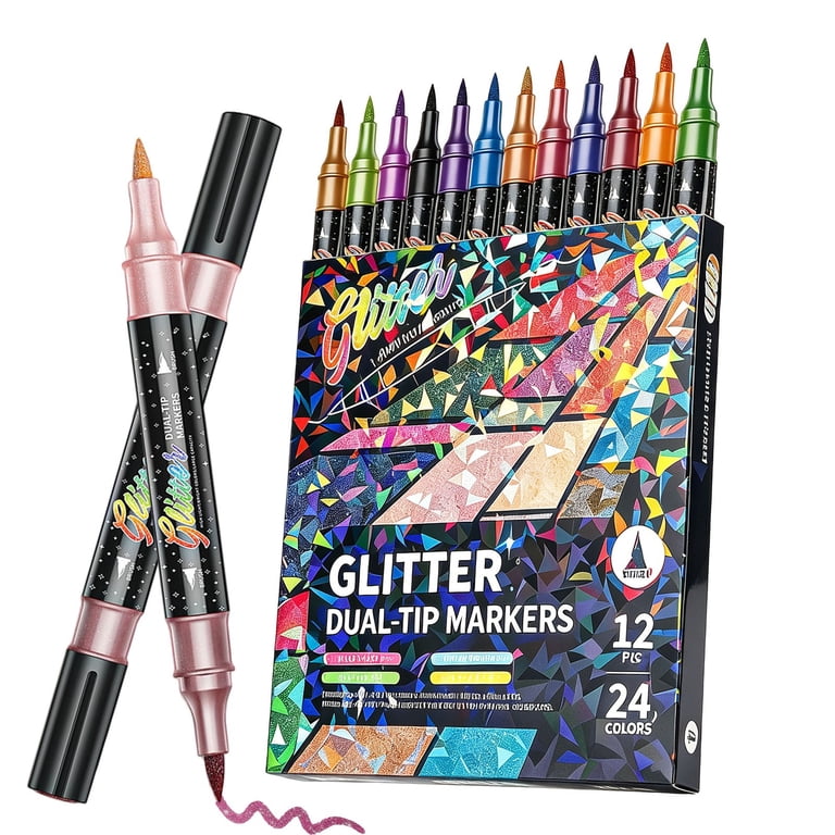 12 Pcs Dual Tip Glitter Markers Set 24 Colors Metallic Brush Art