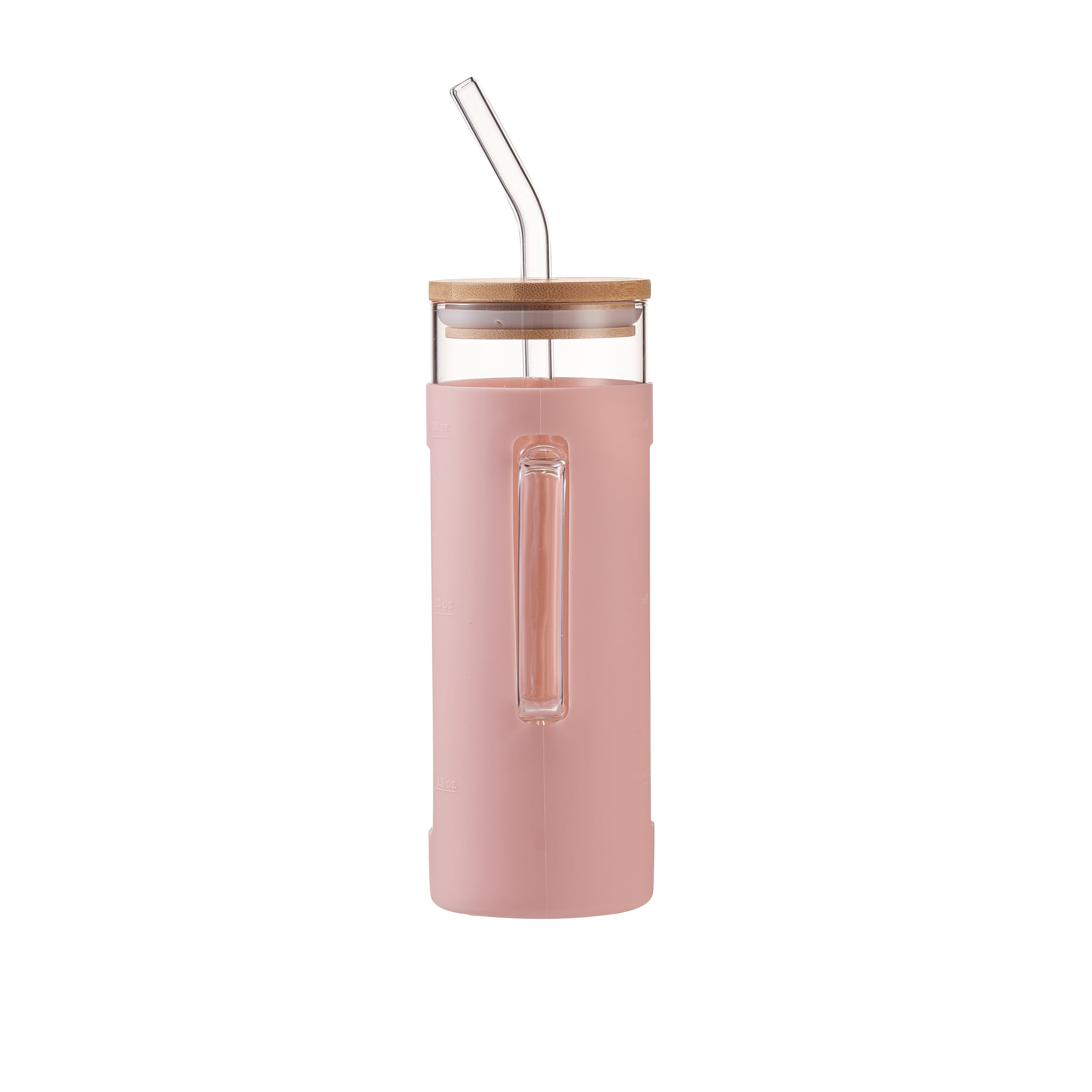 Mainstays Glass 22oz  Tumbler with Pink Protective Silicone Sleeve, Bamboo lid, Glass Straw