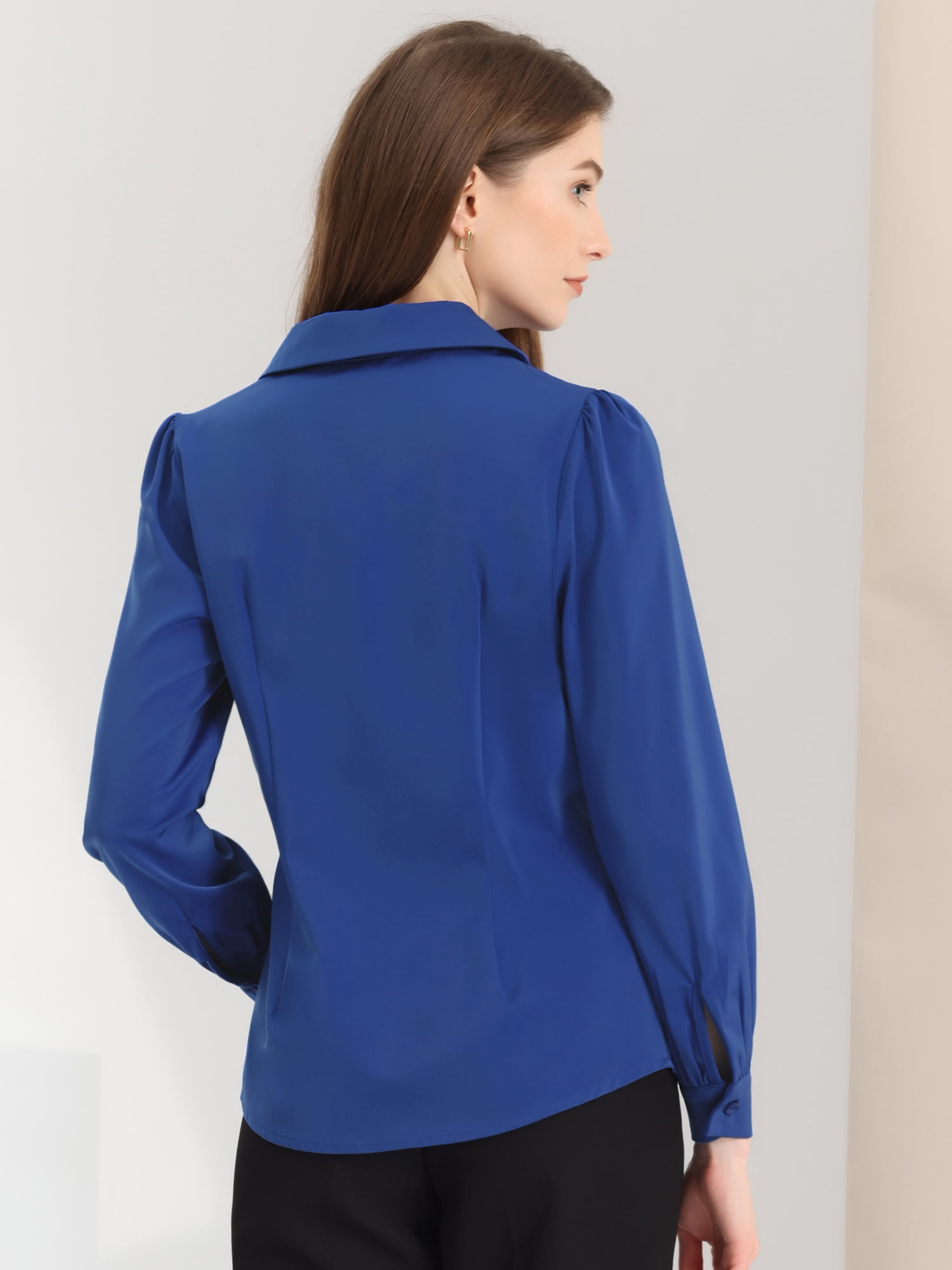 DARING DIVA Women's Flat Collar Button Down Office Satin Shirt S Royal Blue