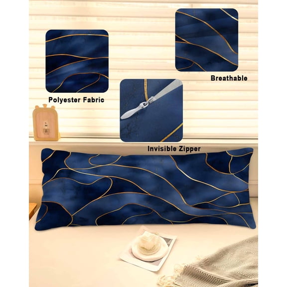 Navy Blue Marble Throw Pillow Covers, Modern Golden Geometric Abstract Soft Breathable Pillow Cases with Invisible Zipper for Sleeping, Long Body Pillowcases for Couch Bed Sofa Chair 20x54 Inches