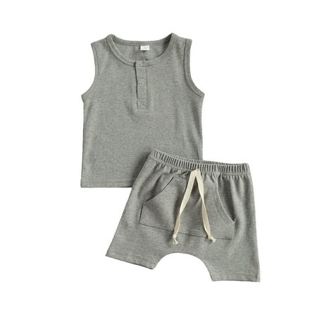 

FOCUSNORM Baby Boy Clothes Elastic Waist with Pockets Button Decoration Summer Clothing