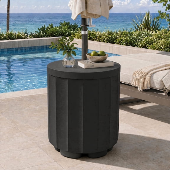 TopComfy Patio Umbrella Table with Hole, Small Outdoor Side Table with 1.5" Umbrella Hole & Water-Fill Base, Patio Free-Standing Umbrella Table with Hole for Deck, Black