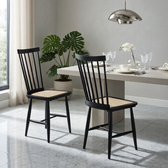Demi Bonn Farmhouse Solid Rubber Wood Dining Chair Set of 2, PE Rattan Seats, Spindle Back, Black