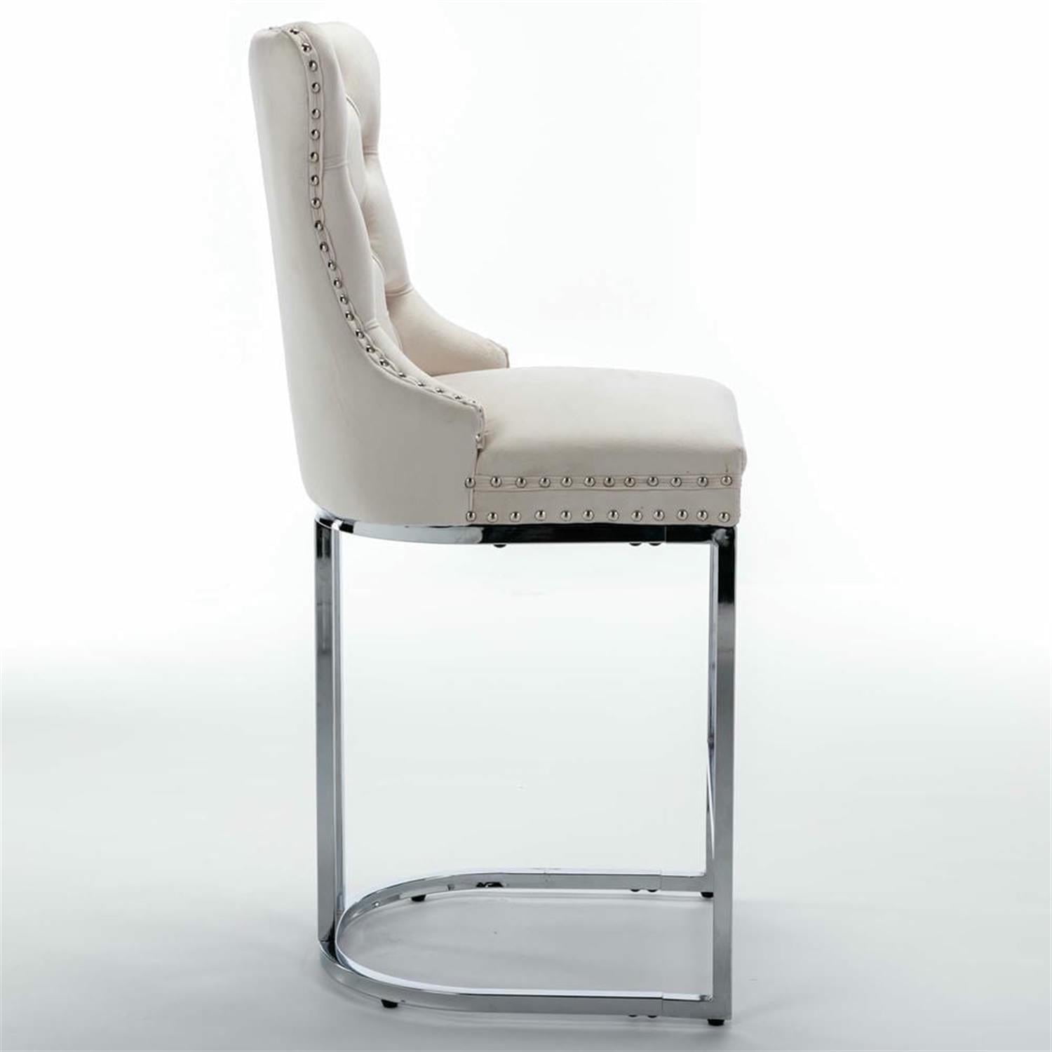 Demi Bonn 39" Counter Height Bar Stools Set of 2, Velvet Barstools with Button Backrest, Kitchen Island Countertop Chairs for Dining Room, Beige