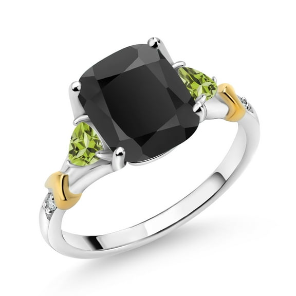 Gem Stone King 3.11 Ct Cushion Black Onyx Green Peridot 925 Silver and 10K Yellow Gold Diamond Ring (Size 6)
